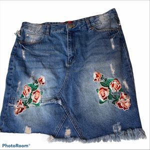 Say What ? Denim Jeans Skirt with Embroidered Flowers
